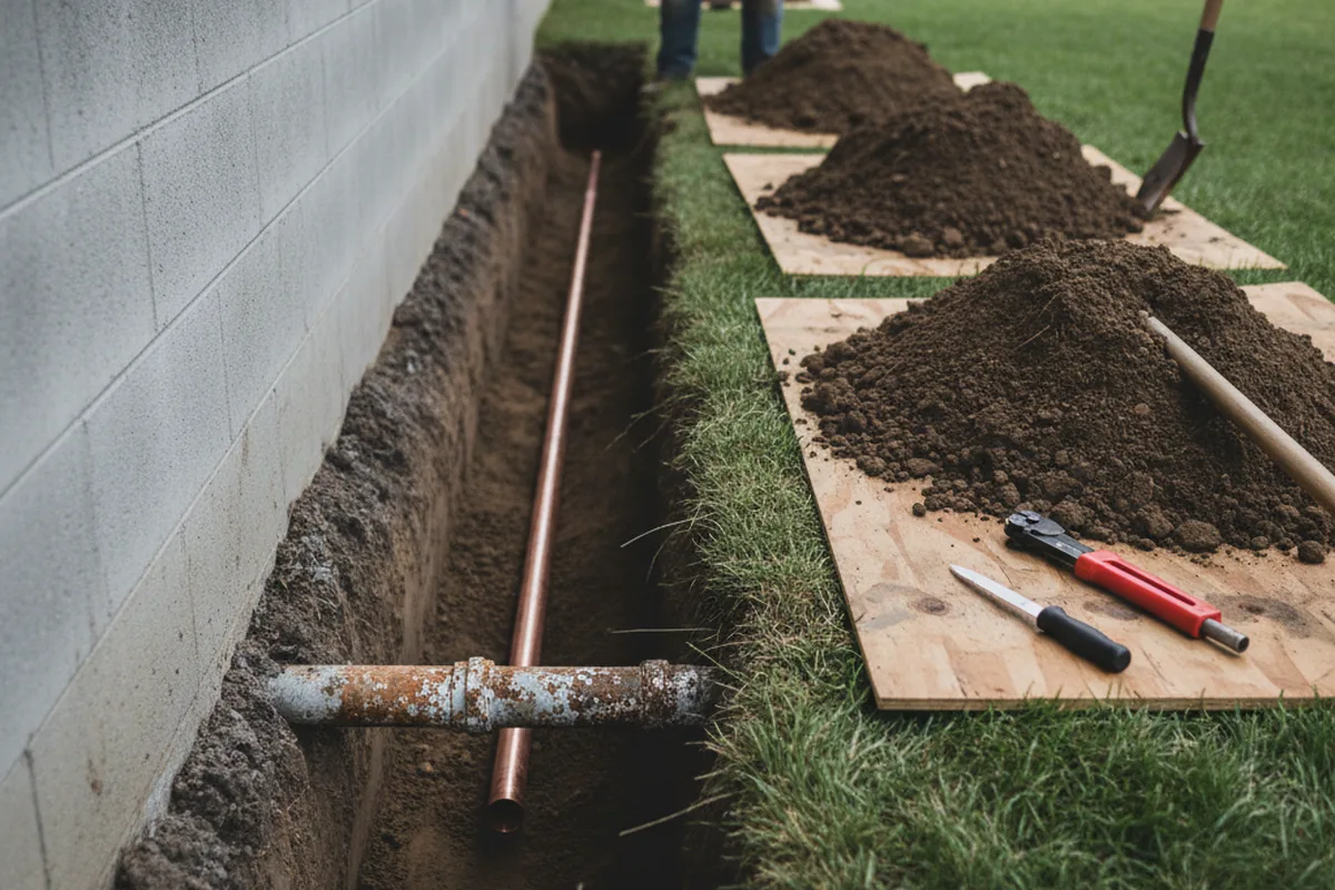 Excavated water line trench during Water Softener Installation in Springfield